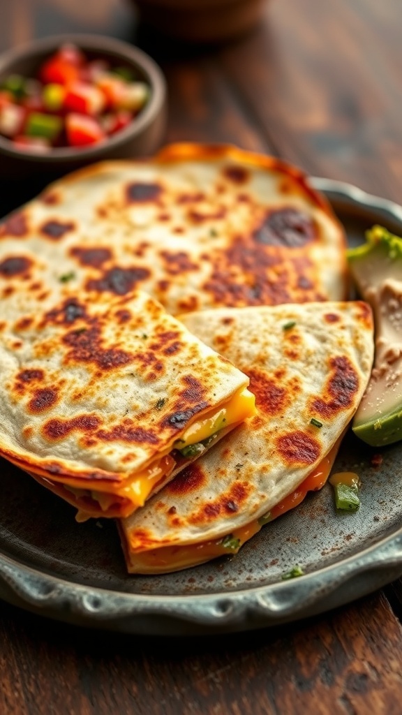 Crispy burnt quesadilla wedges with melted cheese, served with salsa and guacamole on a rustic plate.